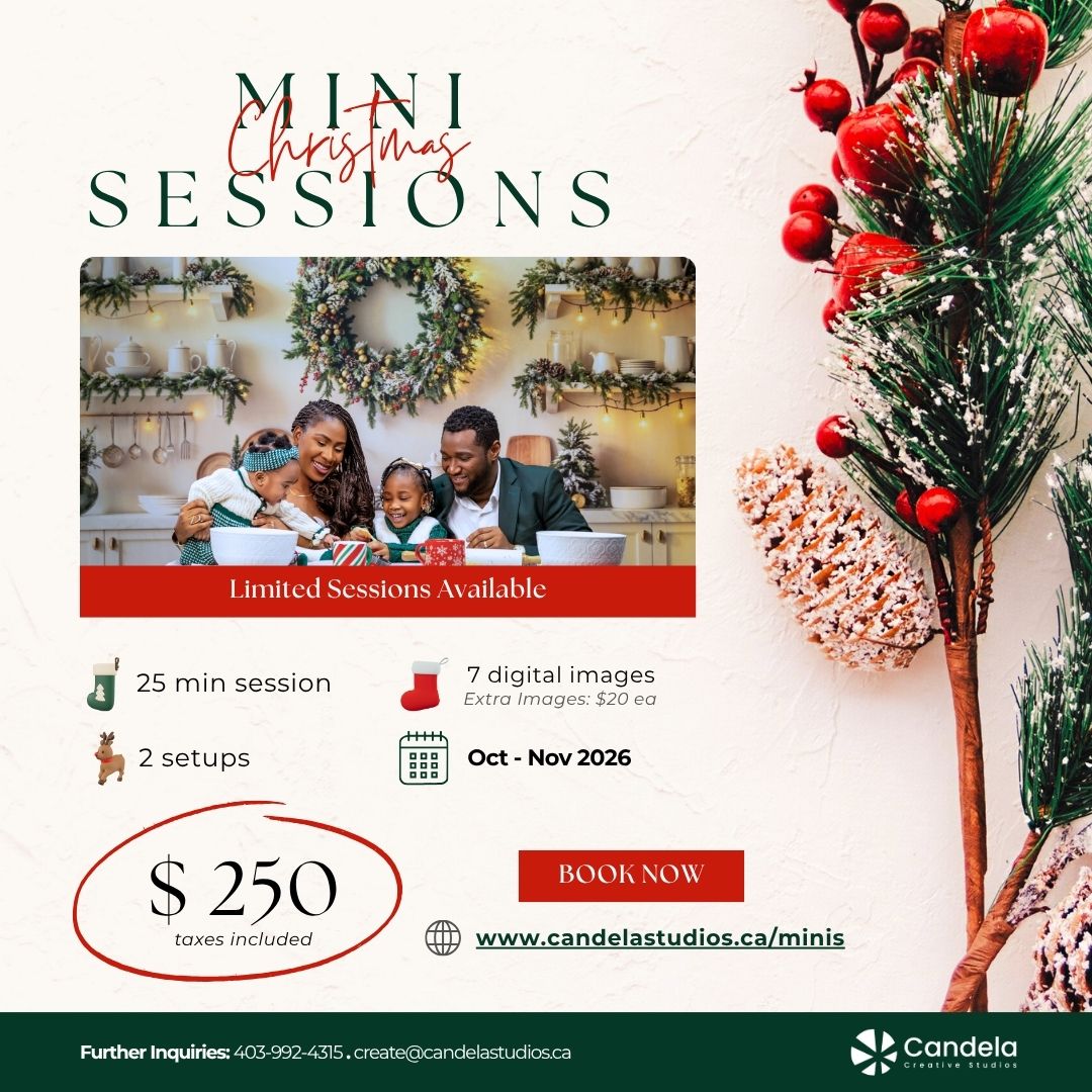 Candela Christmas Mini Sessions in Airdrie, Alberta, featuring 25 minute family photography sessions, two Christmas setups, seven digital images, and October to November 2026 availability for $250 including tax.
